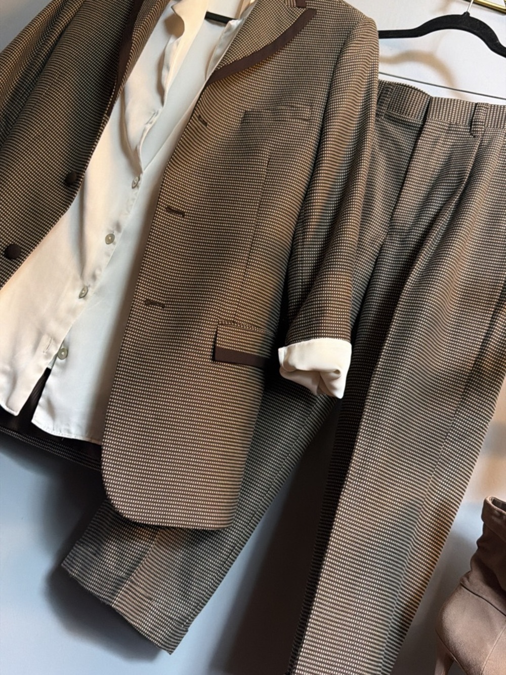 Tailored 2pc Suit Set Brown Cream Micro Check Cropped Pants | S
